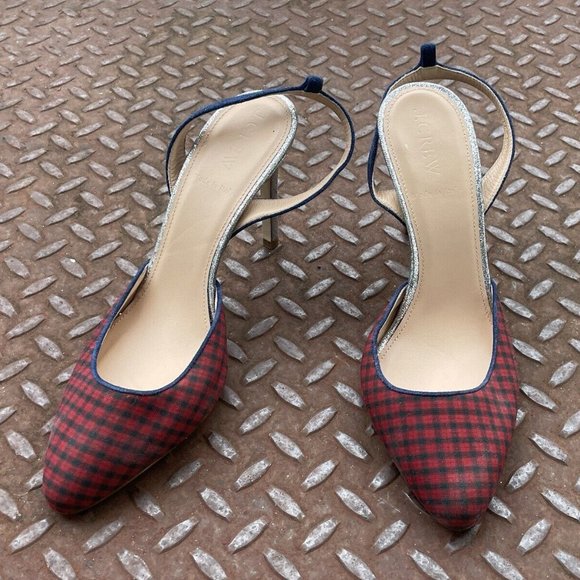 J. Crew Wonen Heel Pump Sandal Shoes Red Plaid Fabric Upper Shoes Size 7 - Picture 1 of 11